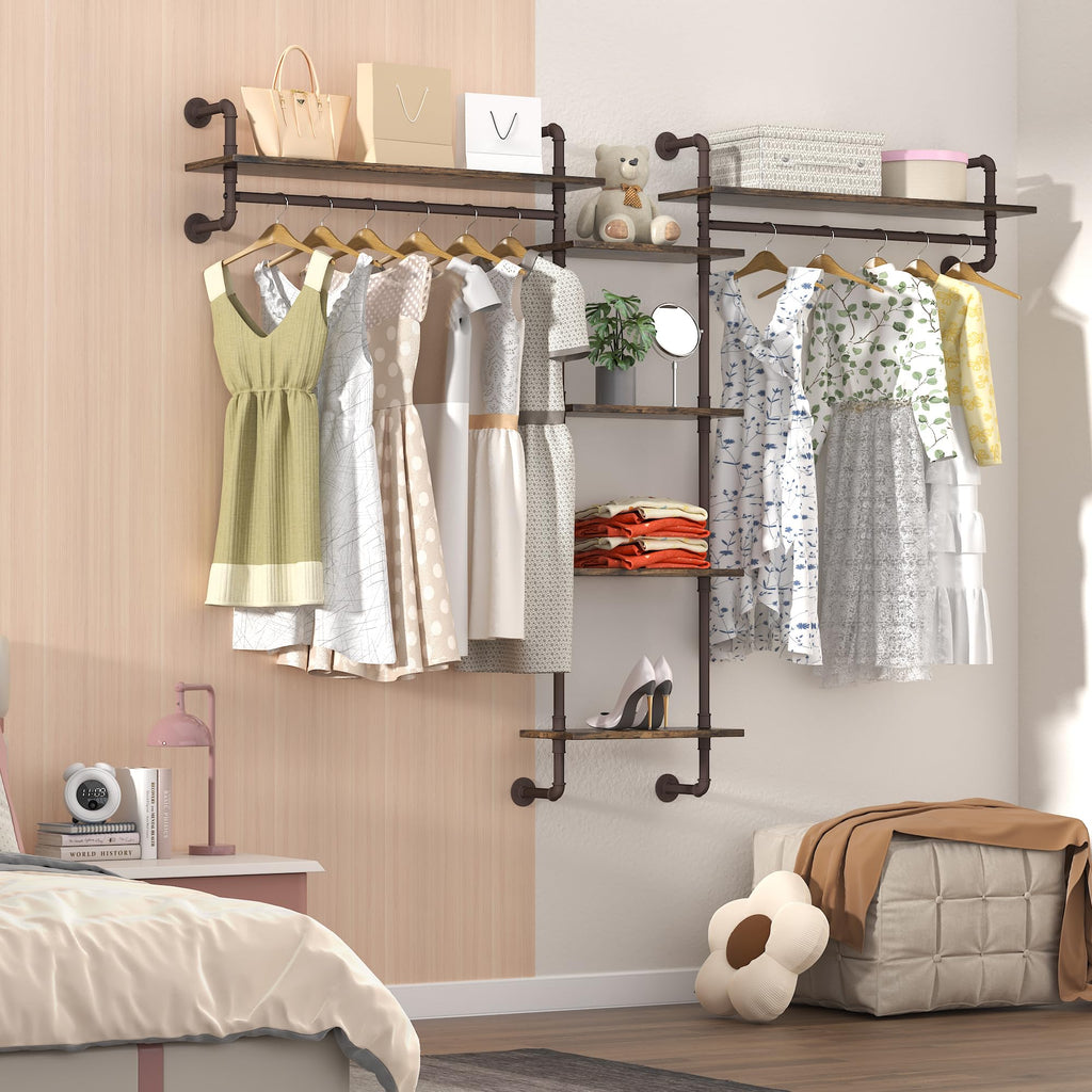 5-Tiers 74inch Large Rustic Industrial Pipe Floating Shelving, Wall Mounted Heavy Duty Clothes Rack with Double