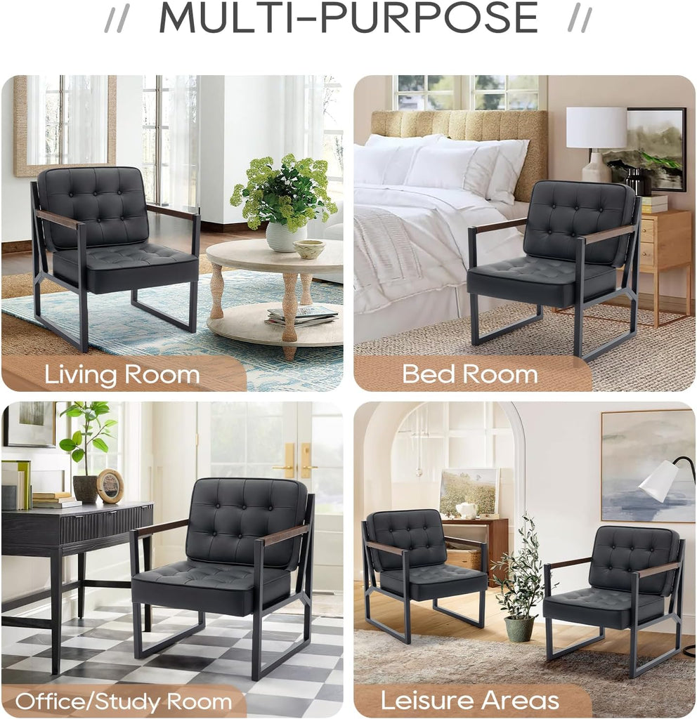 Black Leather Accent Chair, Accent Arm Chair, Comfy Armchair with Metal Legs Bedroom Reception Waiting Room