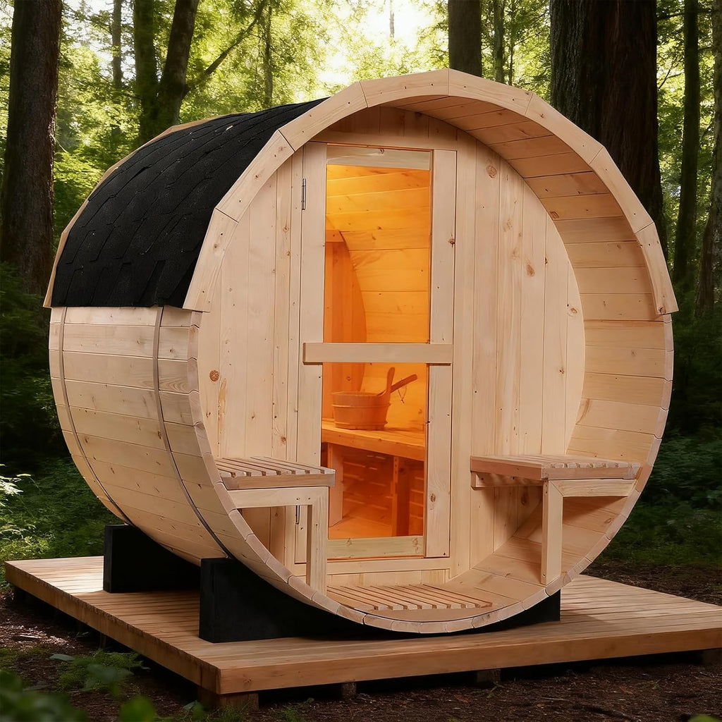 Outdoor Barrel Steam Sauna, 2-4 Person Canadian Pine Wood Saunas with Porch, Traditional Finnish Sauna Spa Room with