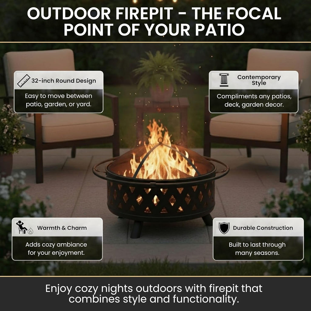 Fire Pit - 32-Inch Outdoor Wood Burning Firepit with Screen, Poker, and Cover - Outdoor Fire Pits