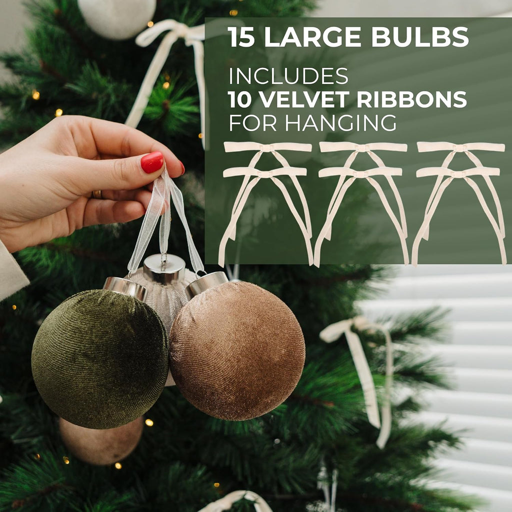 Elegant Velvet Christmas Ornaments Set - 15 Shatterproof Balls & 10 Bows - Set of 15
