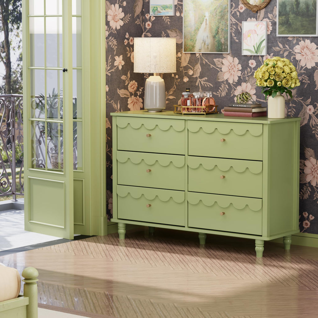 Scalloped Dresser Green 6 Drawer Dresser, Modern Wide Chest of Drawers, Scalloped Organizer Storage with Drawers