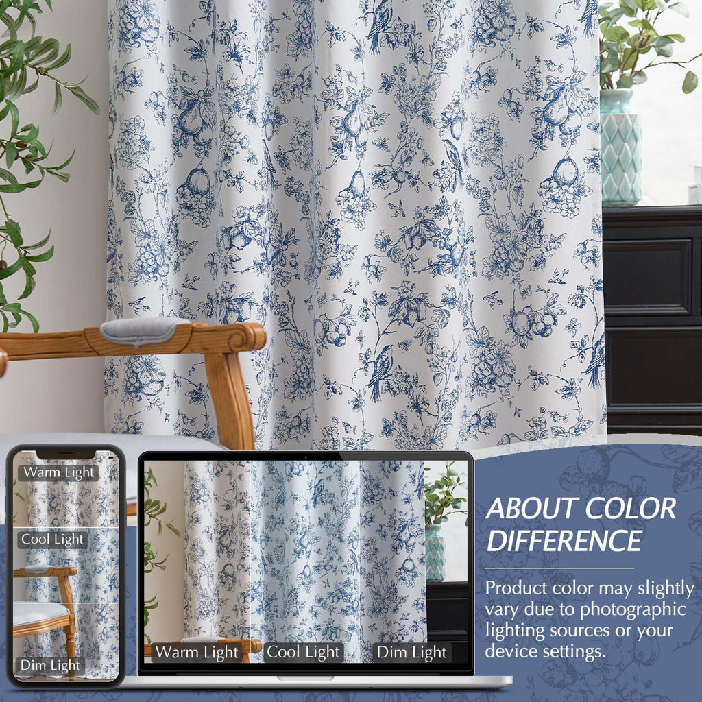 Blue 100% Blackout Curtains for Bedroom 96 Inch Length, Country Flower Floral Curtains for Living Room Toile