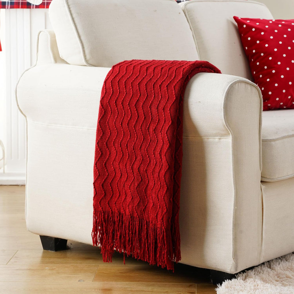 Christmas Red Throw Blanket for Couch, Textured Soft Burgundy Throw Blankets, Decorative Knitted Red Blanket for Sofa