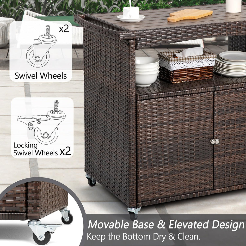 Outdoor Bar Cart with Storage Cabinet Patio Wicker Sideboard Buffet Cabinet Prep Table Outside Kitchen Serving Cart