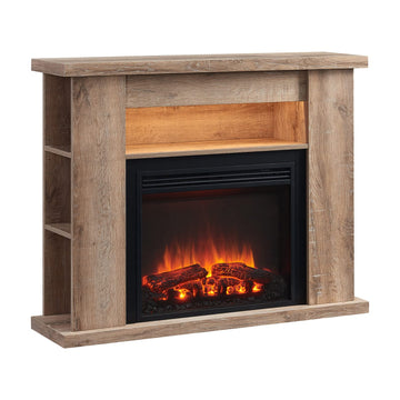 LegendFlame Barron Electric Fireplace with 43" Storage Shelf Mantel Surround and Jaden 23" Insert, Rustic Light Oak