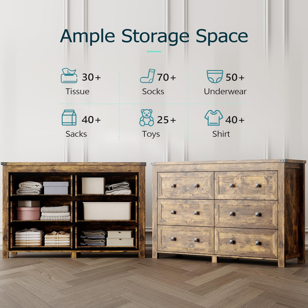 47.2" Wide 6-Drawer Farmhouse Dresser, Brown