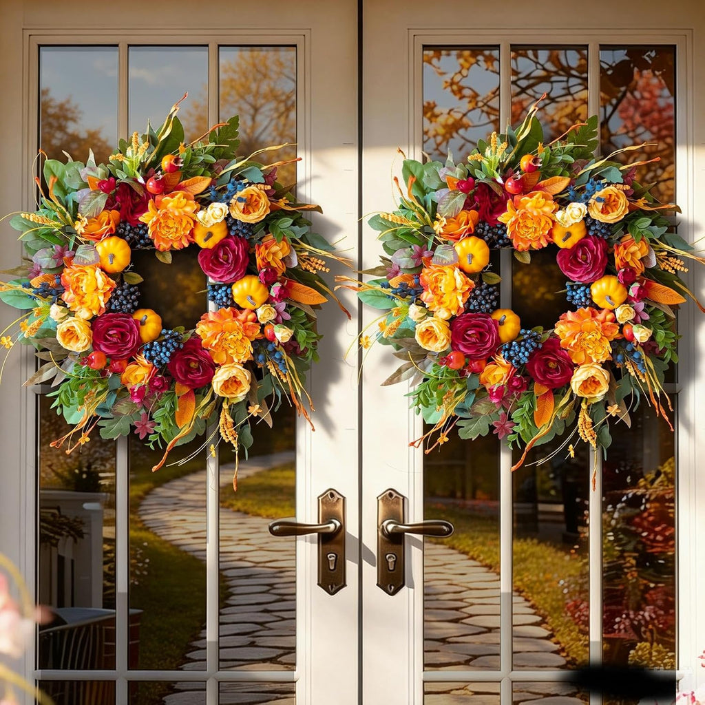 24 Inch Artificial Harvest Fall Wreath for Front Door,Porch & Entryway,Wall
