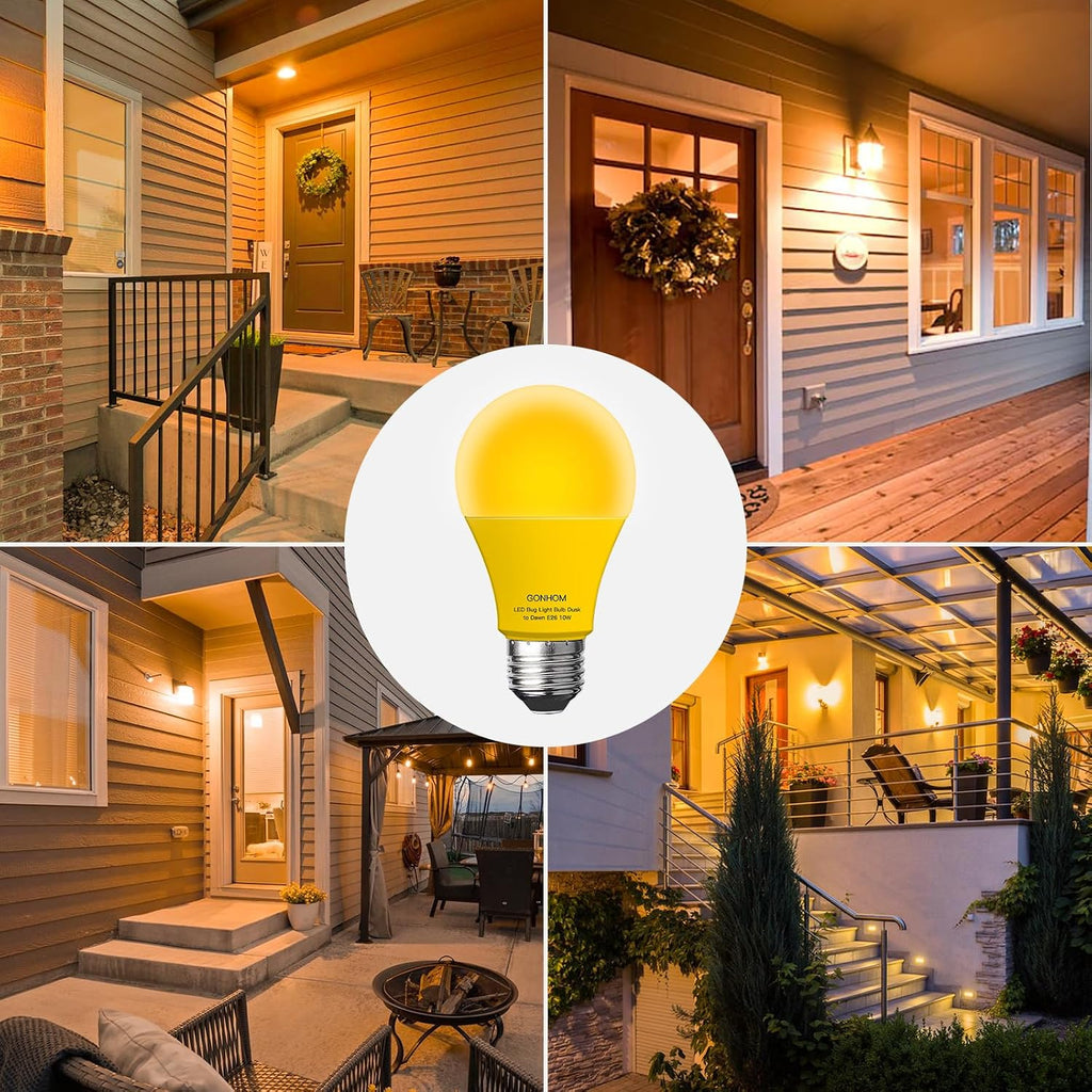 Dusk to Dawn Bug Light Bulb Outdoor,2 Pack Amber Bug Light Bulb,Auto On/Off,10W(100W Equivalent),E26 Base,Bug Lights