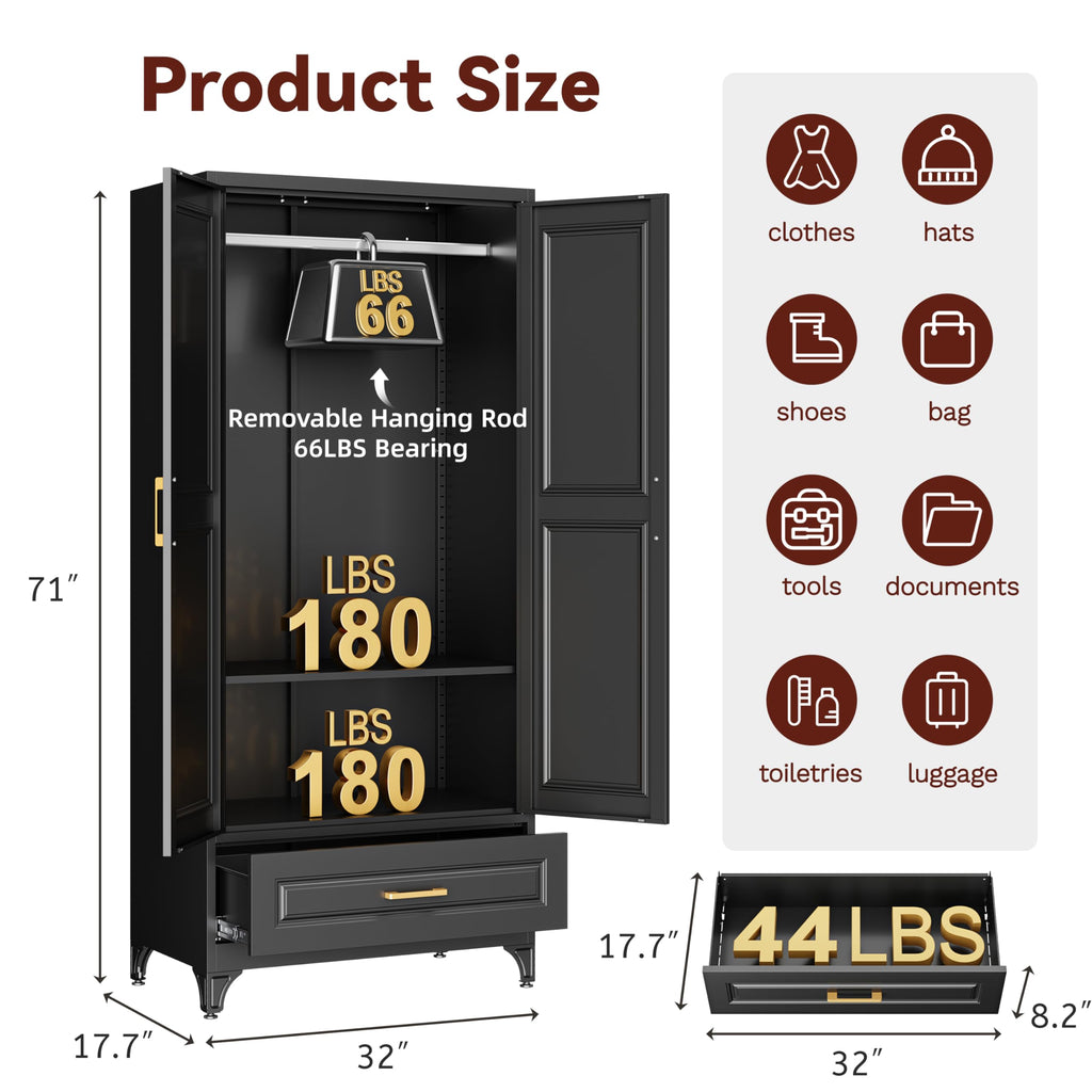 71" Tall Wardrobe Closet with Doors and Adjustable Shelves, Black