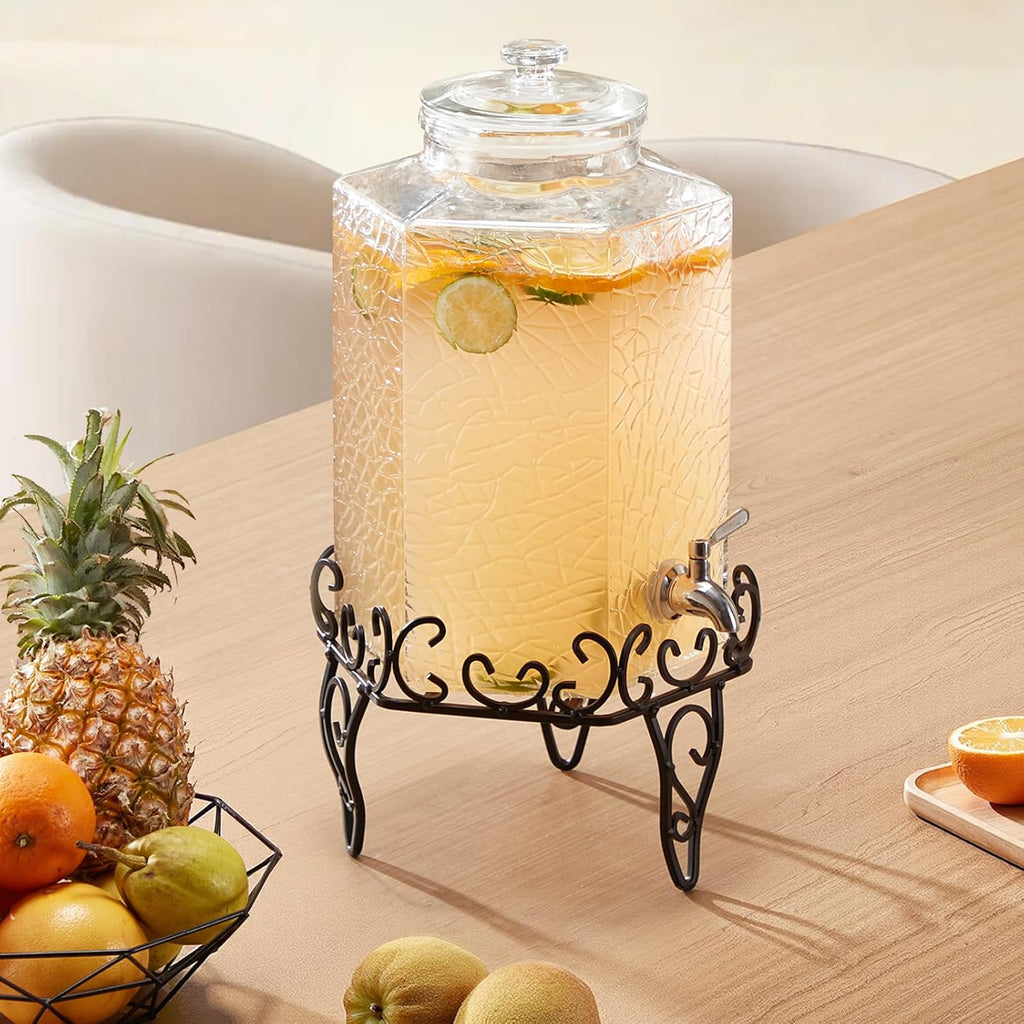 Beverage Dispenser, 2.5 Gallon Drink Dispensers for Parties, Glass Juice Dispenser with Metal Stand, Stainless Steel