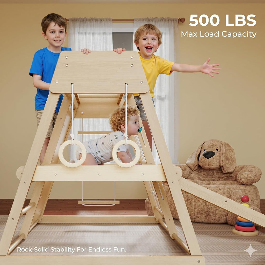 7 in 1 Indoor Jungle Gym: Wooden Montessori Climber with Double Slide Magic Board Climbing Wall Monkey Bars Rope
