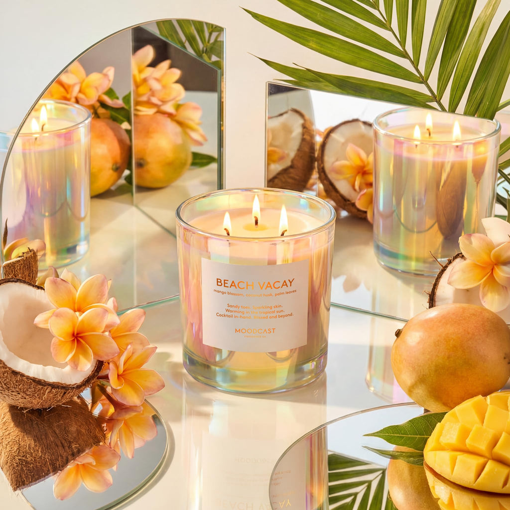 Beach Vacay 3 Wick Scented Candle - Large Aesthetic Candle, Mango Blossom, Coconut & Palm Leaf, Clean Coco Wax