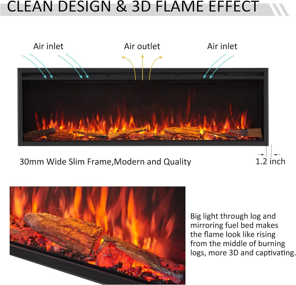 60" W Smart Wall Mount & in Wall Recessed Electric Fireplace Insert, Heater 750W/1500W