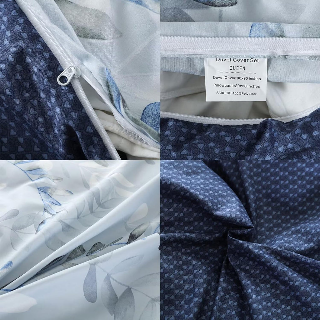 Duvet Cover Queen,Reversible Leaf Blue Duvet Cover Set with Zipper Closure, 3 Pieces Modern Patterns Soft Microfiber