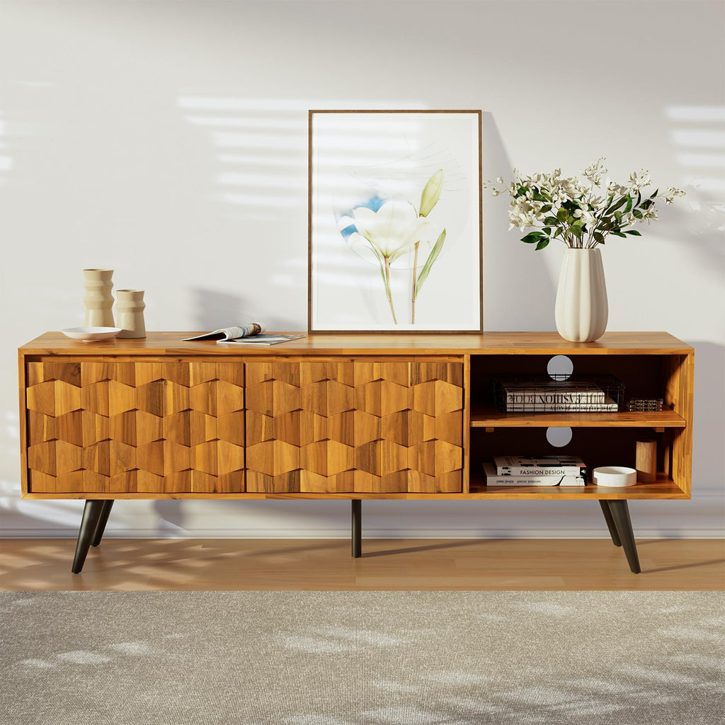 Georgina Solid Wood, 10 Minutes Assembly Entertainment Center with Storage Geometric Pattern Console for Living