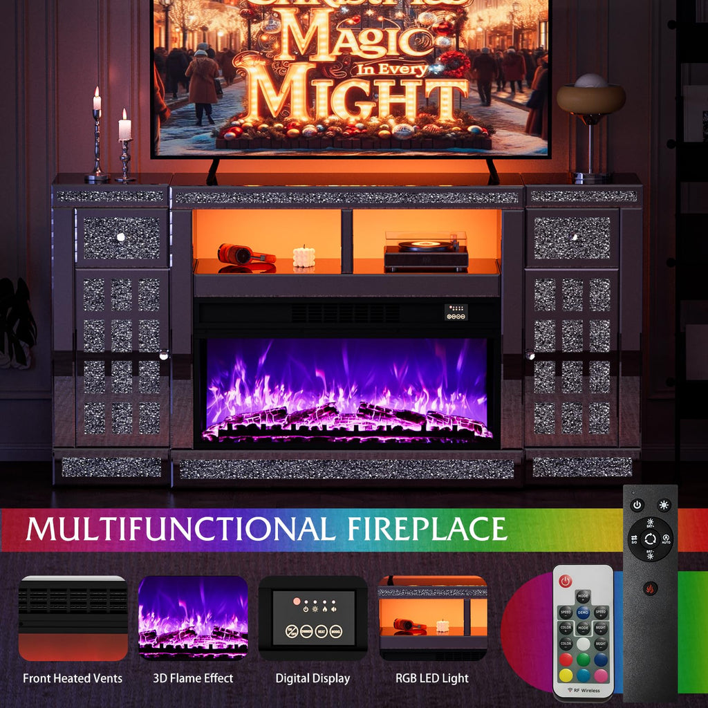 Mirrored Fireplace TV Stand with LED, Drawers, Cabinets & Shelves