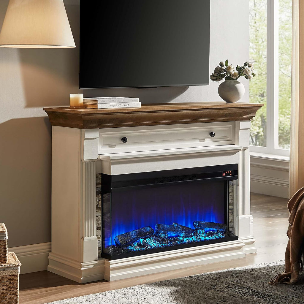 52 Inch Electric Fireplace with Mantel, Fireplace TV Stand with 36" 3-Sided Glass Electric Fireplace Heater for