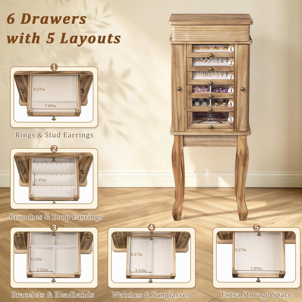Standing Jewelry Armoire for Women, 7 Drawers & 2 Side Doors