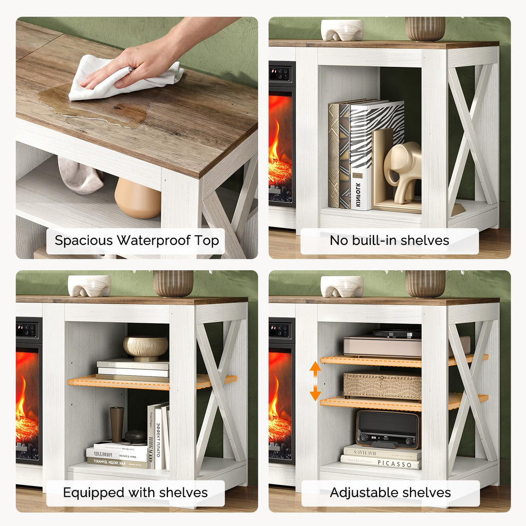 58" Fireplace TV Stand with 4 Adjustable Shelves, White & Barnwood