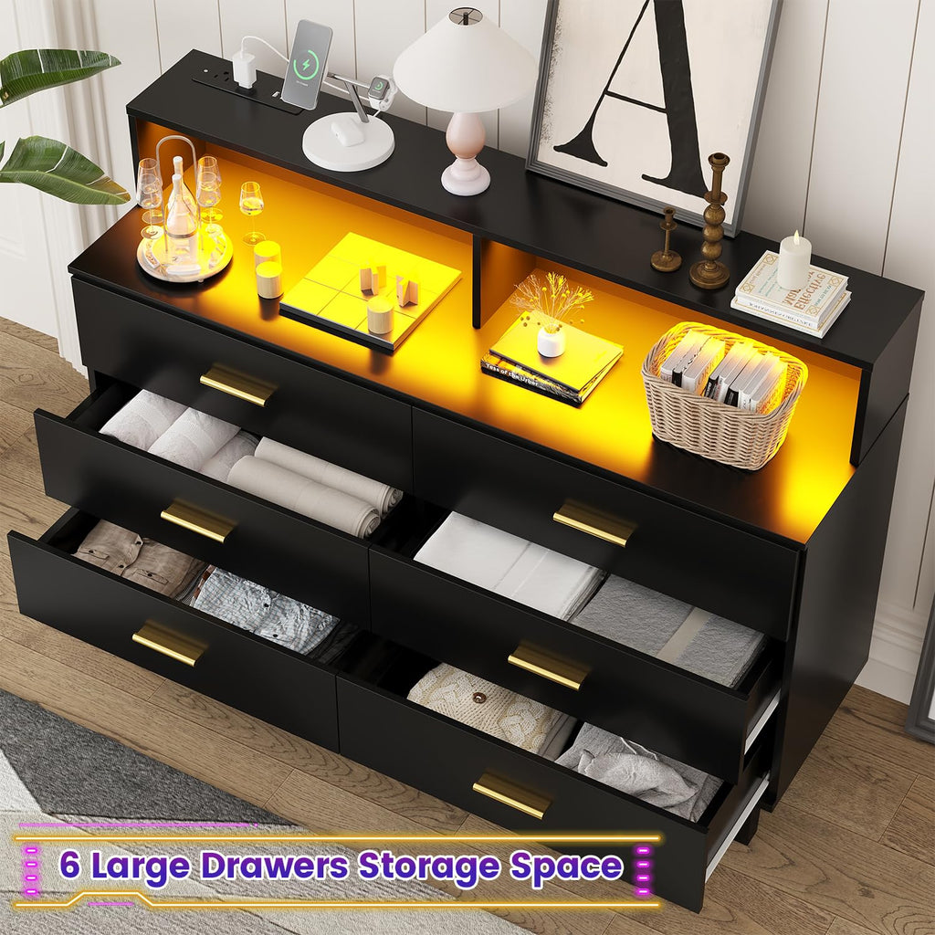 6 Drawers Dresser with LED Light and Power Outlet, Wood Black Dressers & Chests of Drawers, Large Double Dressers