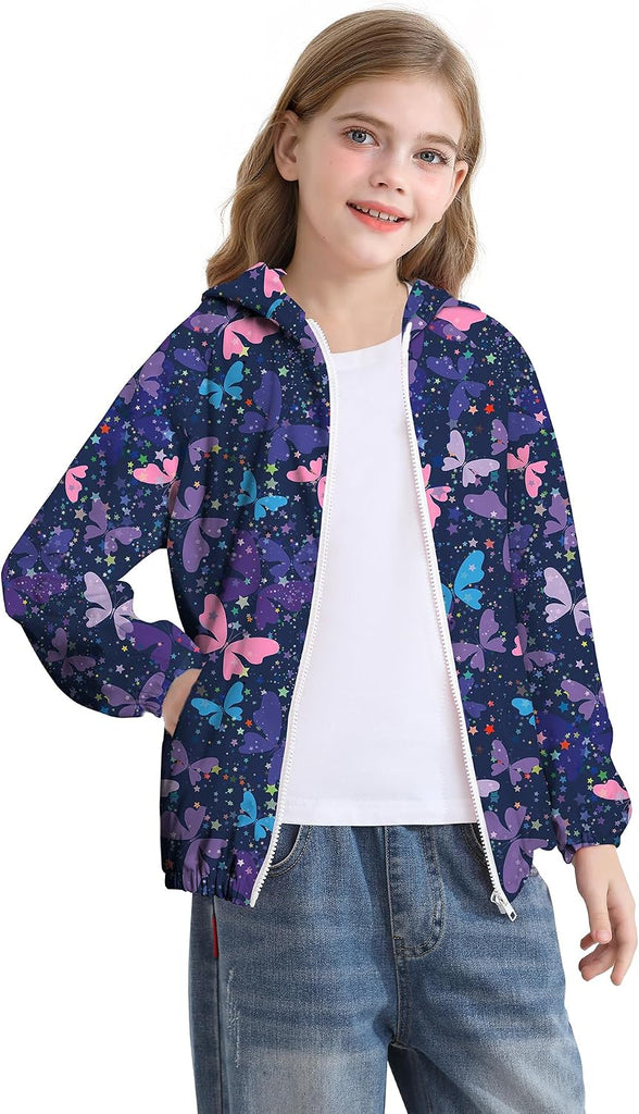 Girls Jacket Lightweight Hooded Windbreaker Kids Water-Resistant Light Rain Jacket Print Outwear