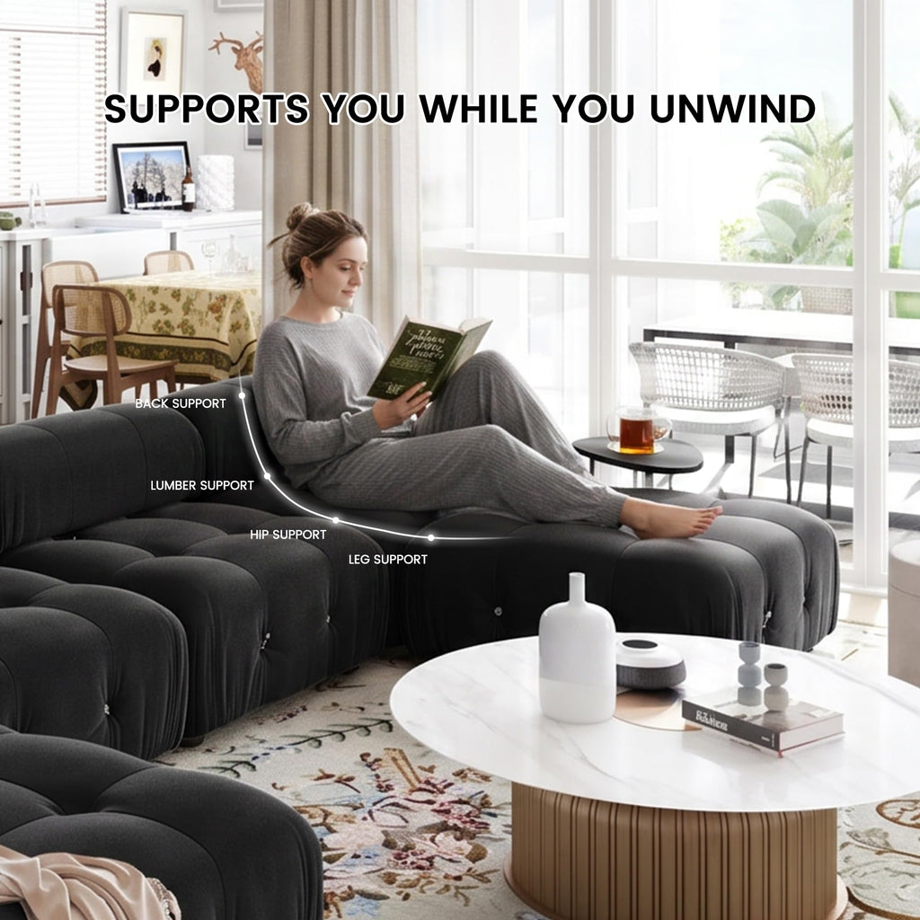 Convertible Modular Sectional Sofa, Modern Velvet Straight 3-Seater Couch (104 in/Black)