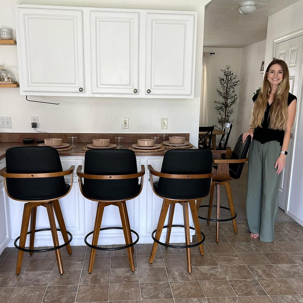 Set of 2 Bar Height Bar Stools - 29.12 inch Swivel Bar Stools with Curved Back and Arms, Walnut Craftsmanship