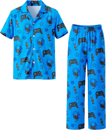 Boys Pajamas Big Boys Pjs Set Short Sleeves and Pants Sleepwear for Kids Button-Down Jammies Loungewear