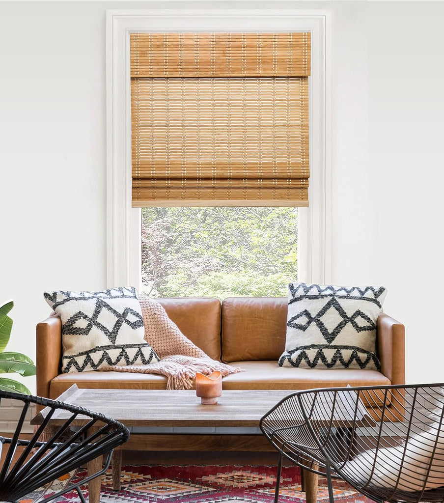 Cordless Bamboo Roman Shades for Windows, 23'' W x 60'' H | Natural Light Filtering Bamboo Window Blinds, Bamboo