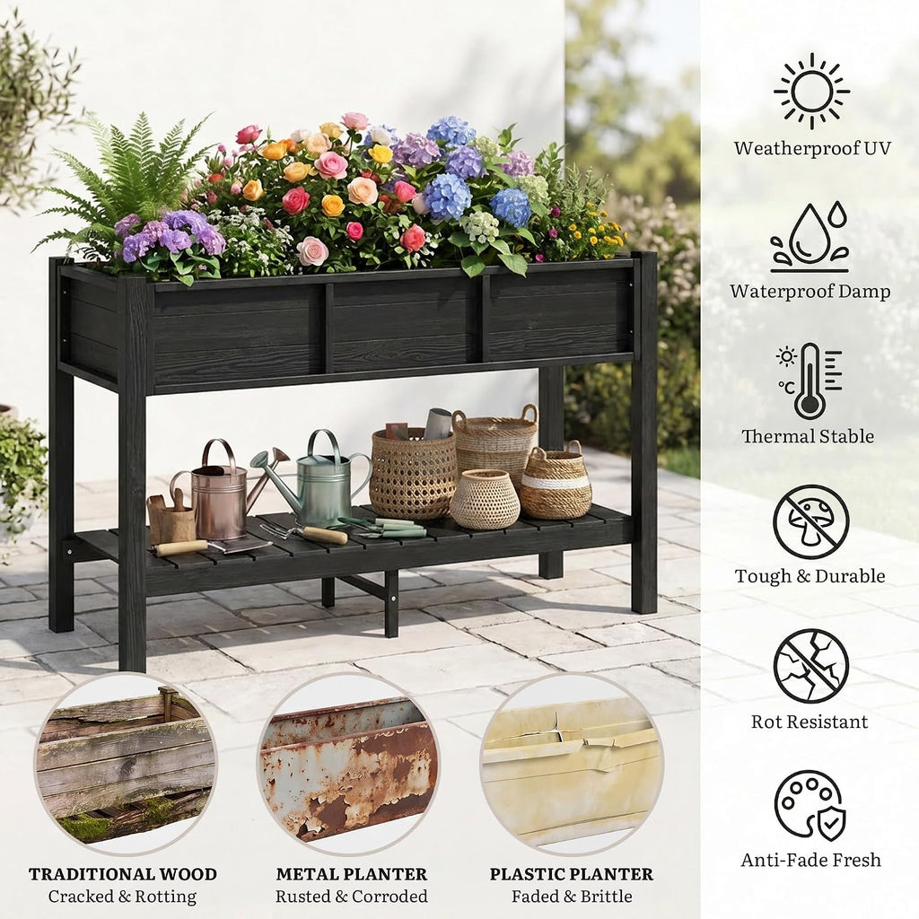 Raised Garden Bed HDPE 2PCS, 48x18x30in Raised Planter Box with Legs & Storage Shelf, Poly-Wood Weather-Resistant