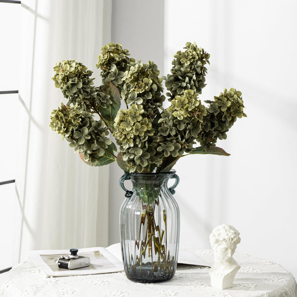 Green Hydrangea Artificial Flowers, Fake Fall Flowers Silk Hydrangea with Stems, Fall Faux DIY Floral for Table