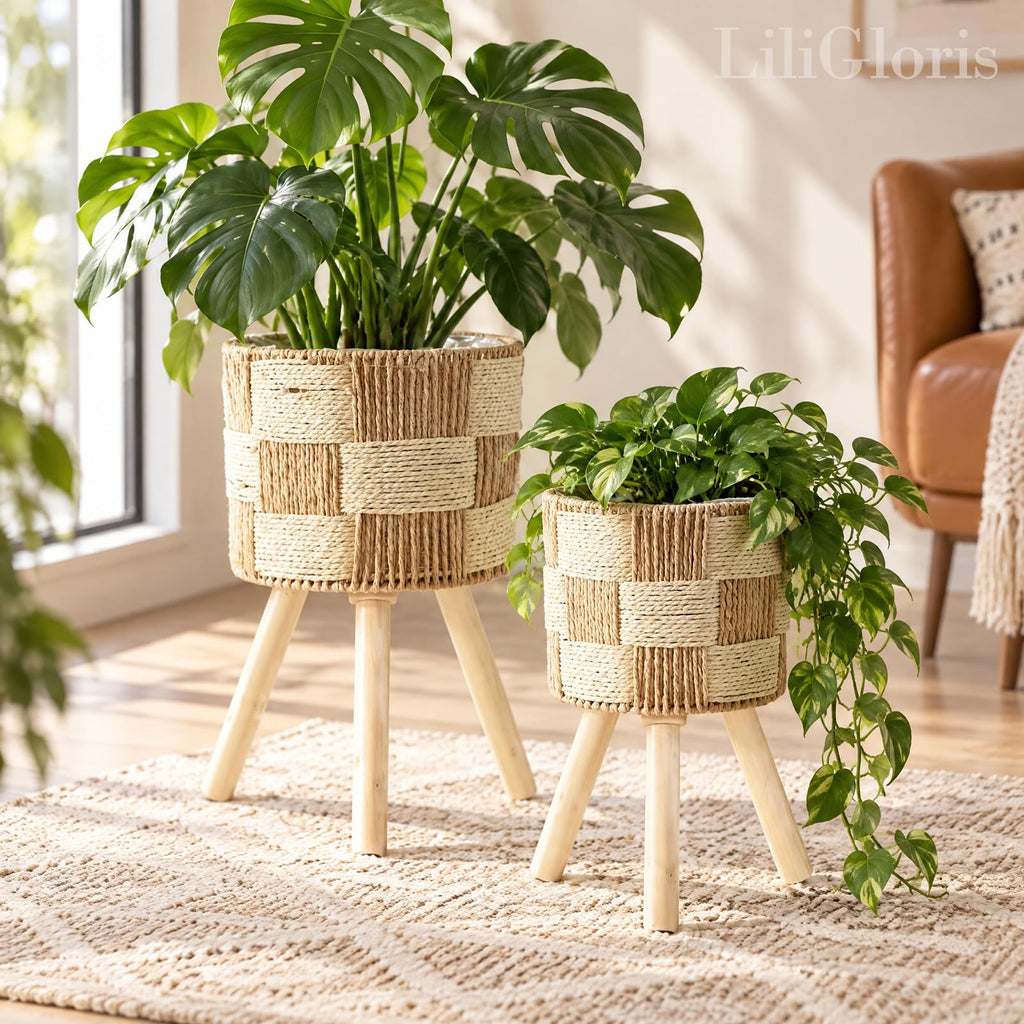 Boho Rattan Plant Stand Set of 2 - Handwoven Wicker Mid-Century Modern Floor Planter Stand for Indoor Plants, Large