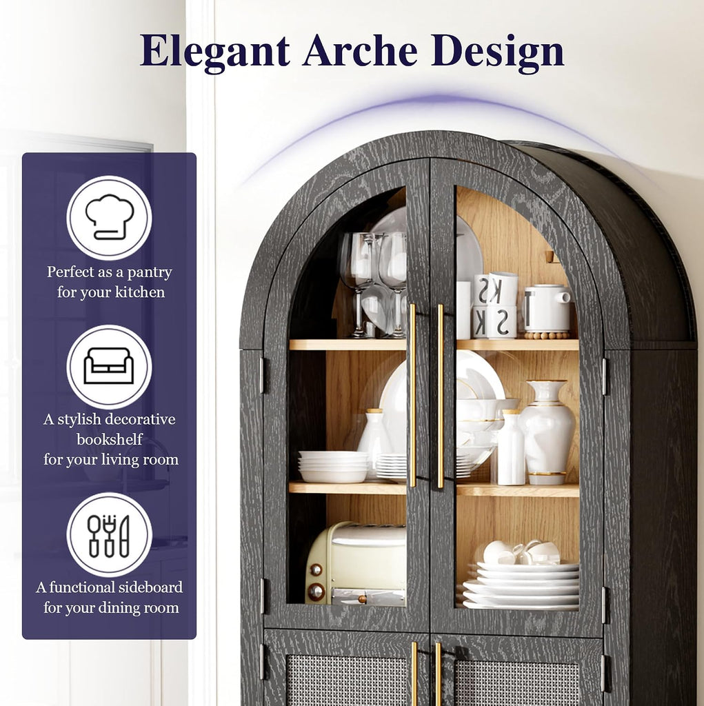 63" Tall Arched Cabinet with Glass Doors, Kitchen Pantry Storage Cabinet with Dust-Proof Rattan, 5-Tier Curio China
