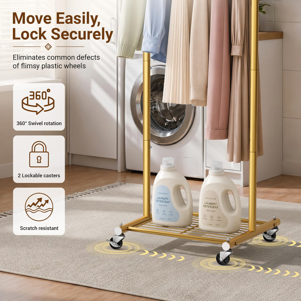 18" Small Clothes Racks for Hanging Clothes Arched Shape Gold Clothing Rack with Wheels 70.6" Metal Rolling Garment