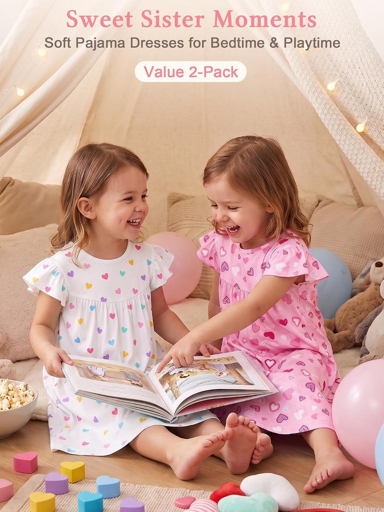 Girls Nightgowns, Soft Pajama Dress for Toddler Girl, 2 PCS