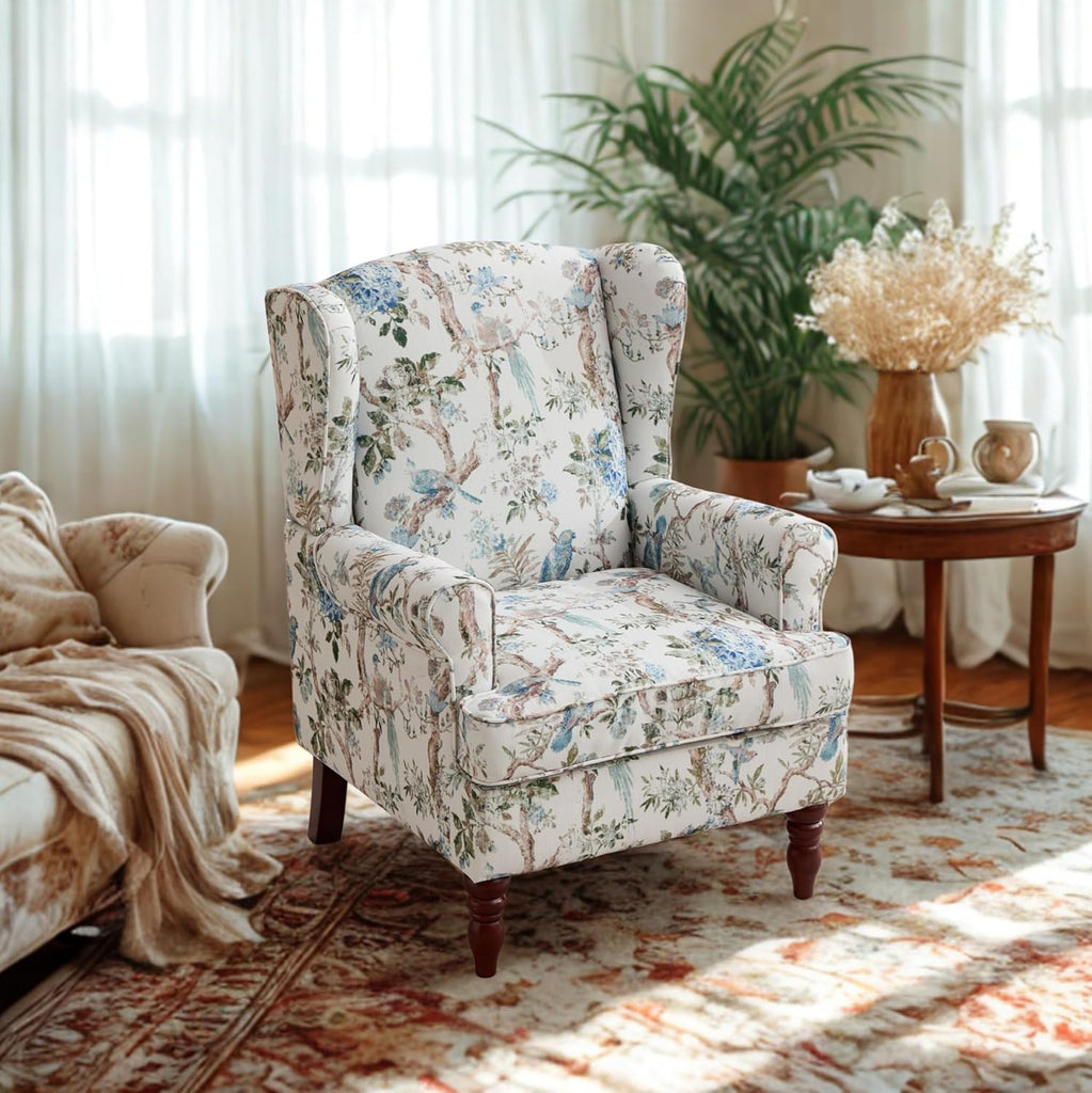 Modern Wingback Accent Chair with Solid Wood Legs and Cushion, Comfy Upholstered Floral Pattern Armchair, Retro