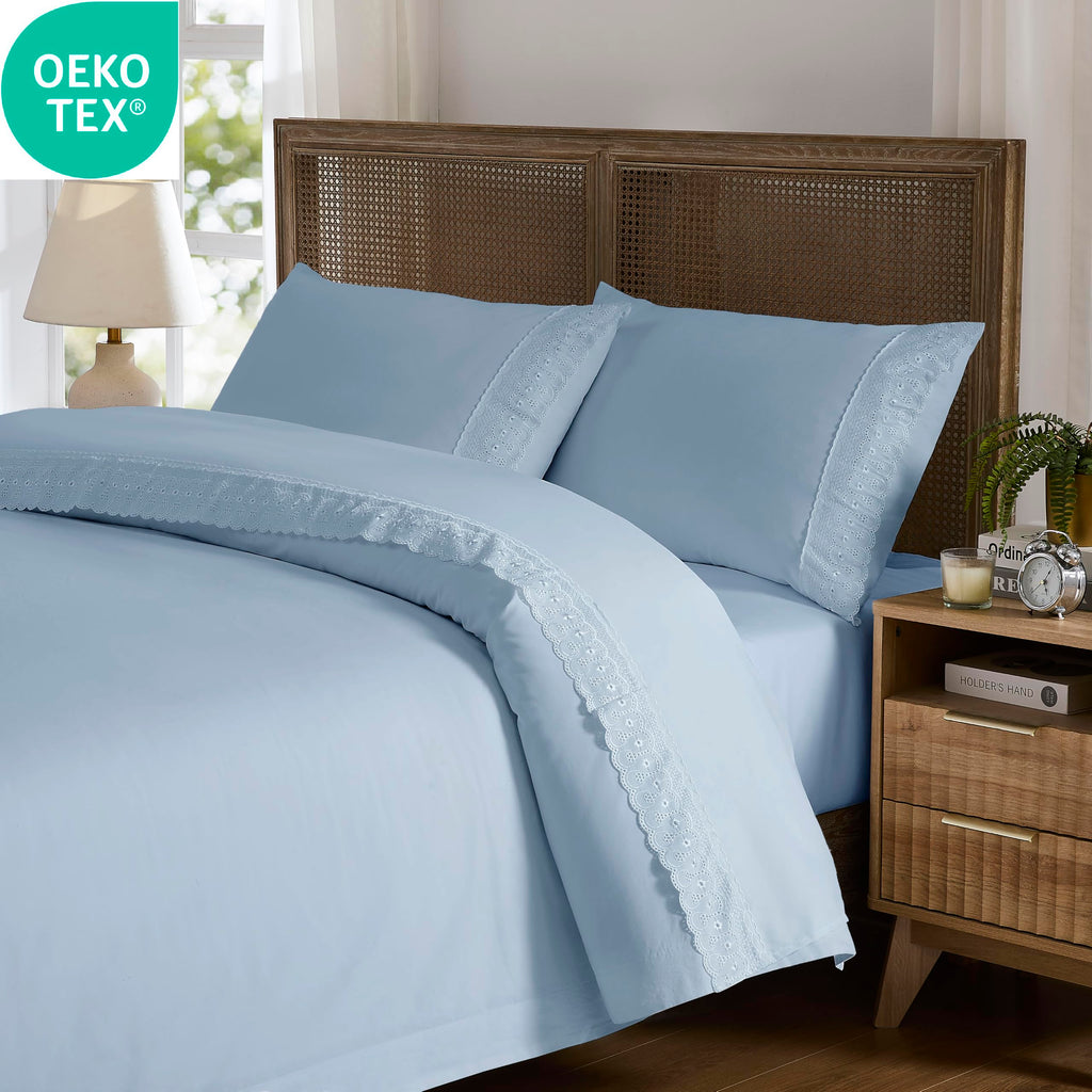 Soft Microfiber Eyelet Lace Embroidery 4 Piece Sheet Set - Luxurious Microfiber Bed Sheets - Includes Flat Sheet