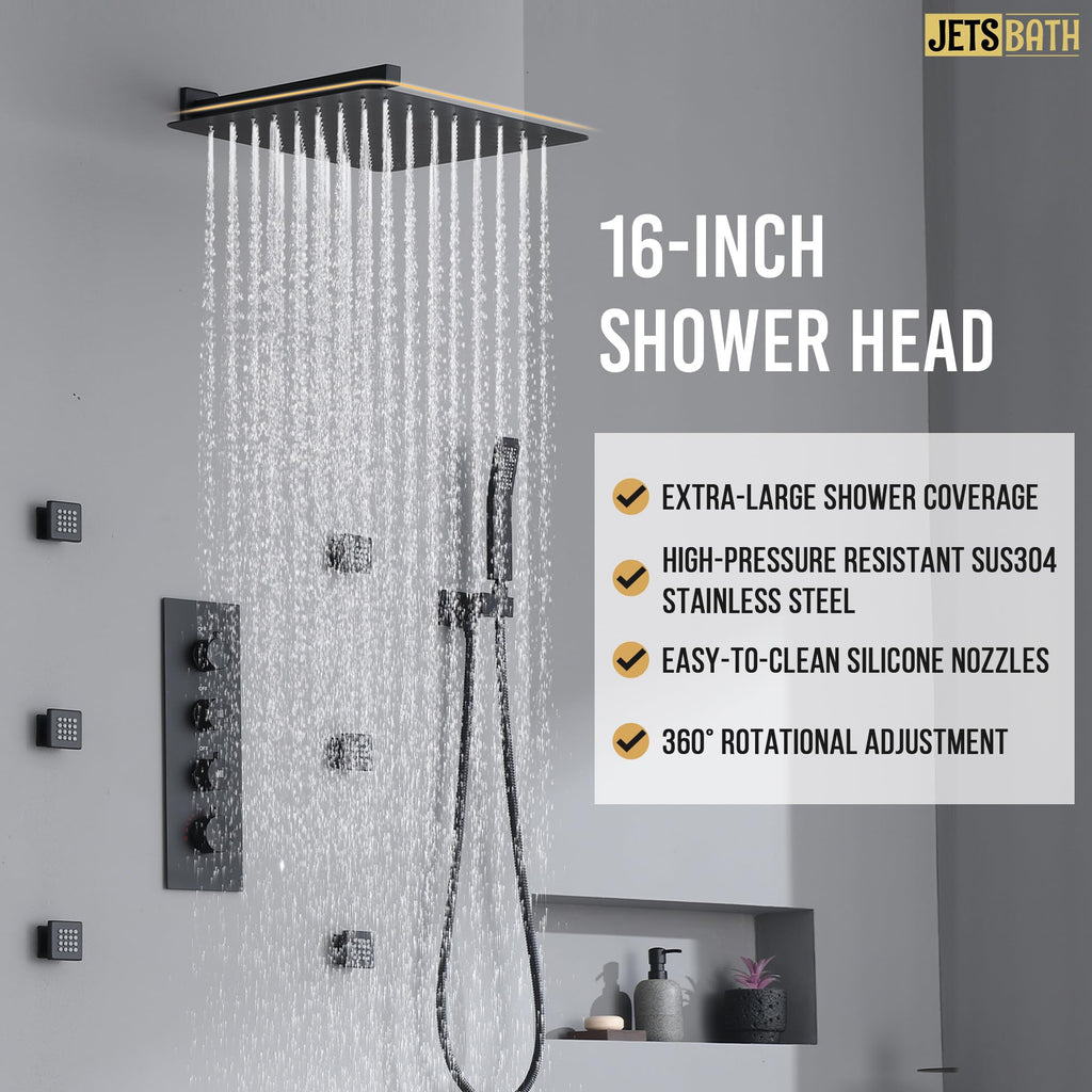16" Thermostatic Rain Shower System with 6 Body Jets & 16-Inch Rainfall Shower Head, Full Body Shower Faucet Sets