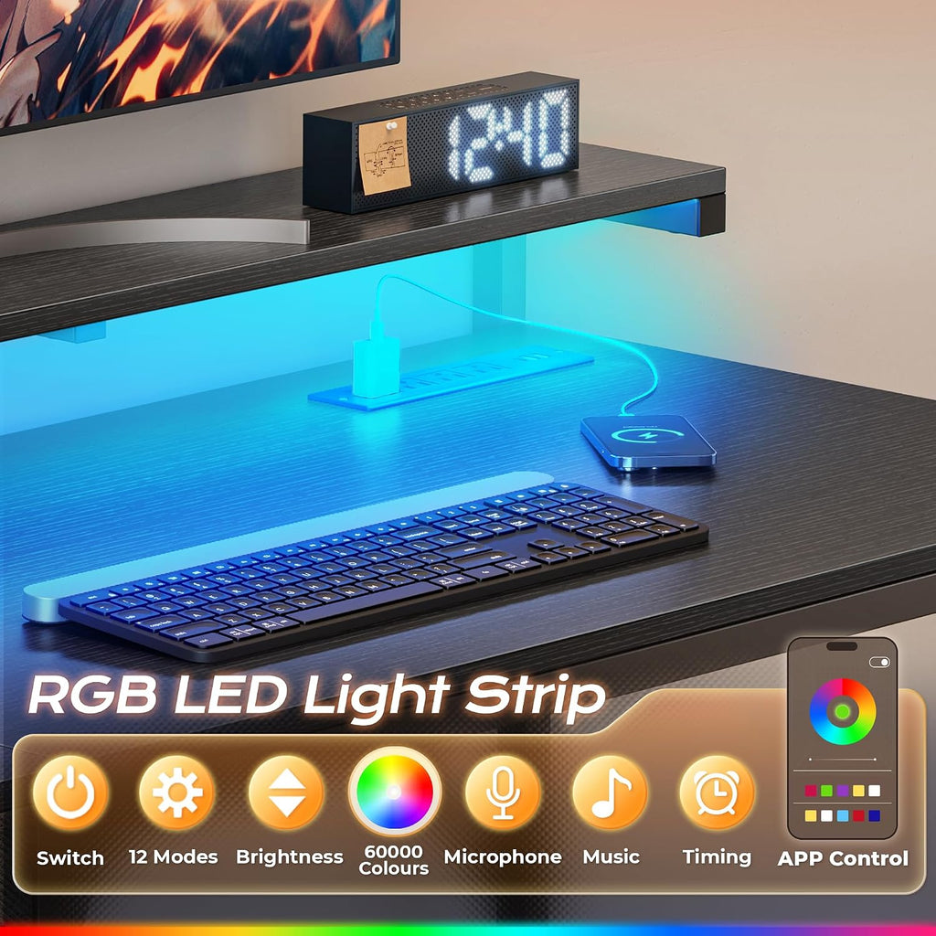 47.2 Inch Gaming Desk with LED Lights & Power Outlets | Computer Desk with Drawer & Storage Shelves, Office Writing