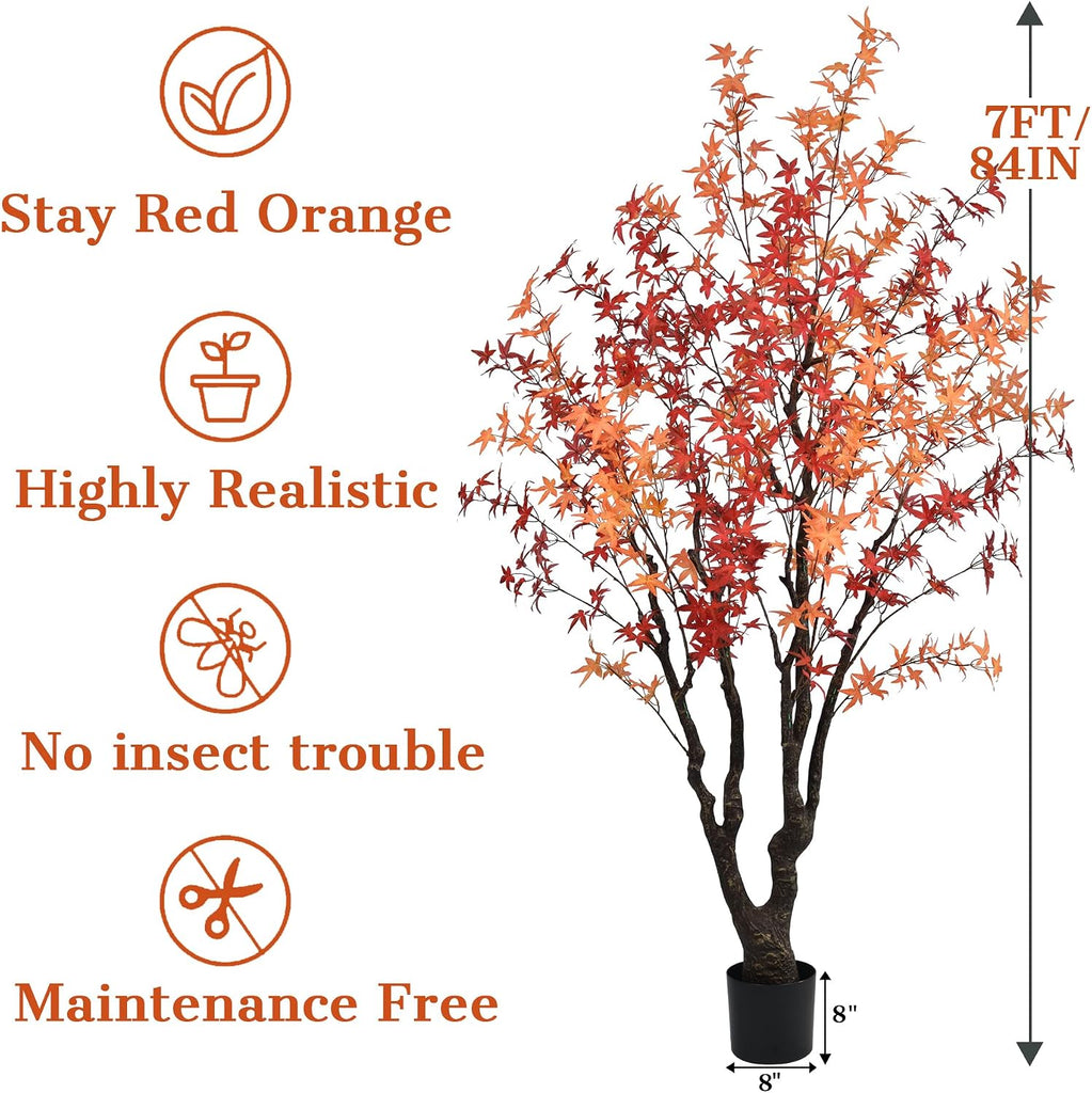 7FT Artificial Maple Tree, Realistic Fall Maple Leaves Fake Tree with Sturdy Base, Lifelike Faux Autumn Maple Plant