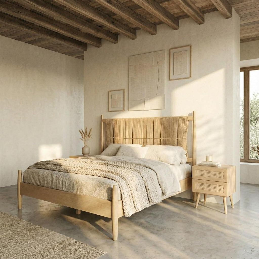 Marenzo Queen Platform Bed with Handwoven Headboard - American Oak Veneer, Solid Oak Legs, Artisan Craftsmanship