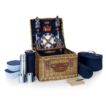 Romantic Canterbury Deluxe Wicker Picnic Basket Set for 2, with Blanket and Soft Cooler, One Size, Navy With Plaid