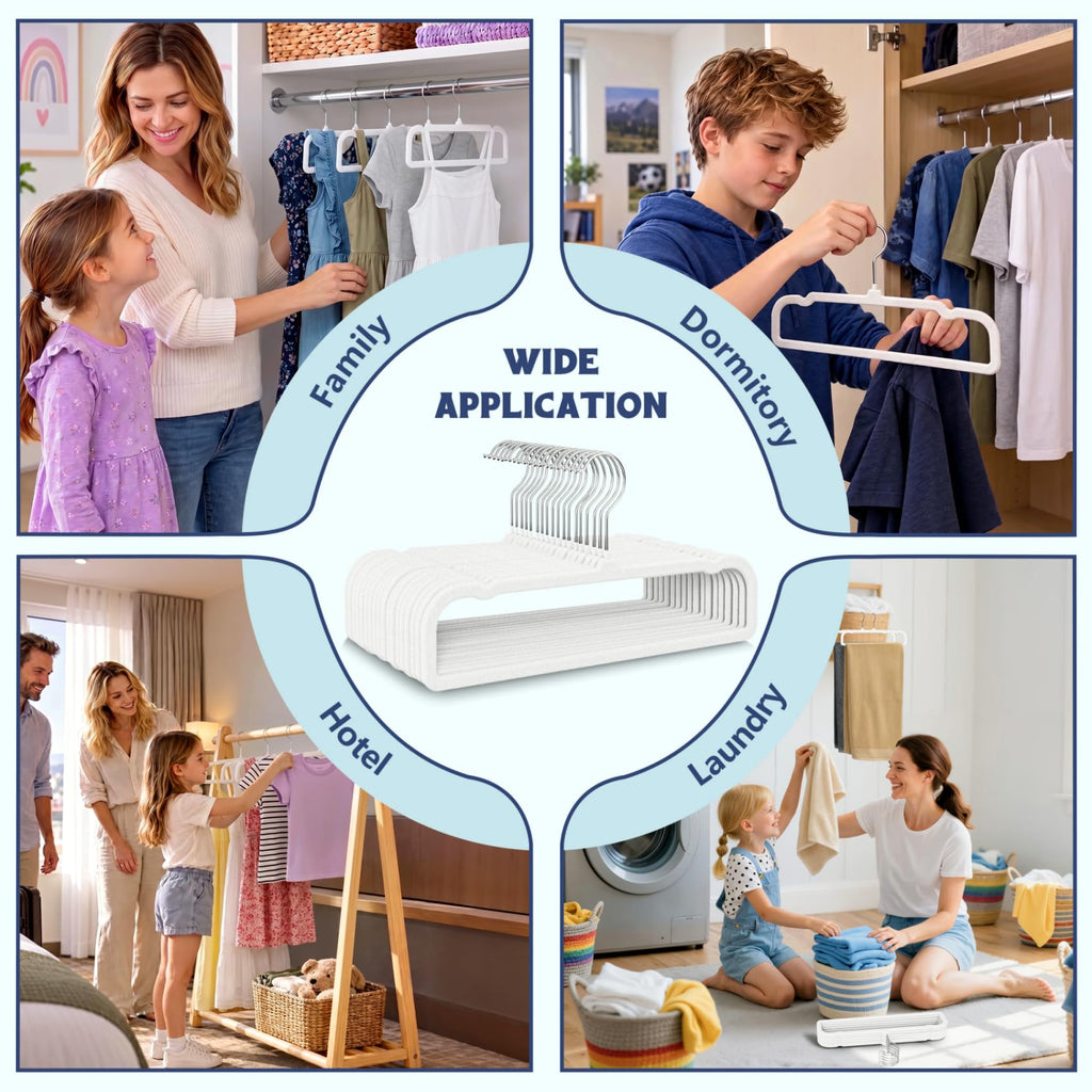 Kids Velvet Hangers 50 Pack, Durable Baby Clothes Hangers White Rectangle