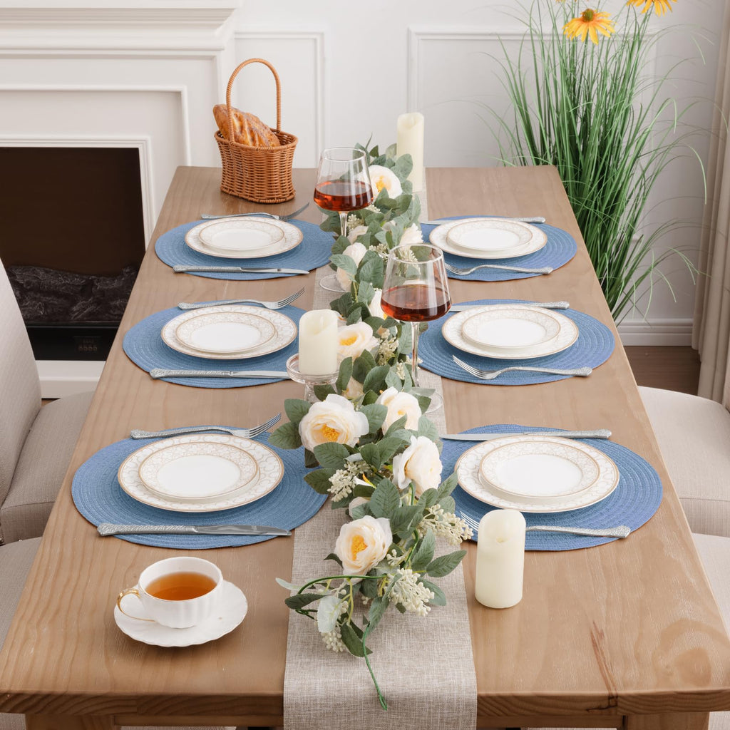 13" Round Braided Placemats Set of 6, Dusty Blue Washable Place Mats