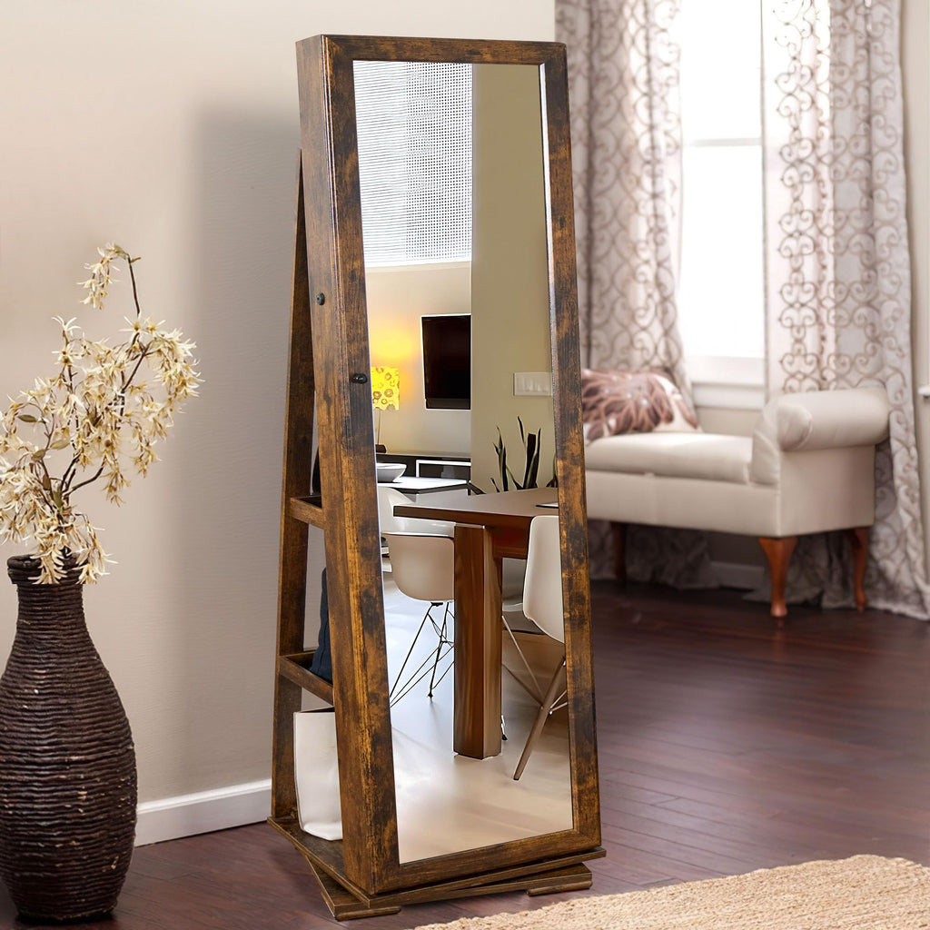 Lockable Floor Standing Wooden Jewelry Armoire with Full Length Mirror 360°Rotatable Jewelry Organizer Cabinet