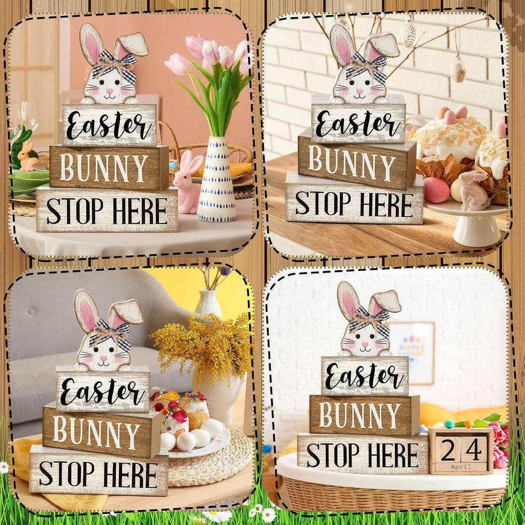 Easter Bunny Wood Signs Farmhouse Tiered Tray Table Decor - Set of 4