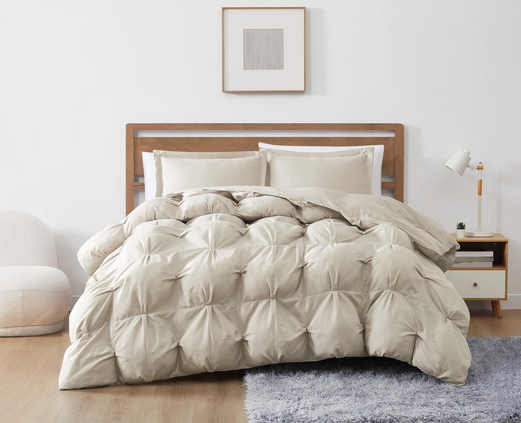 Cloud Puffer Beige Microfiber 3-Piece Comforter Set, Solid Themed, for Men and Women, Oeko-TEX Certified