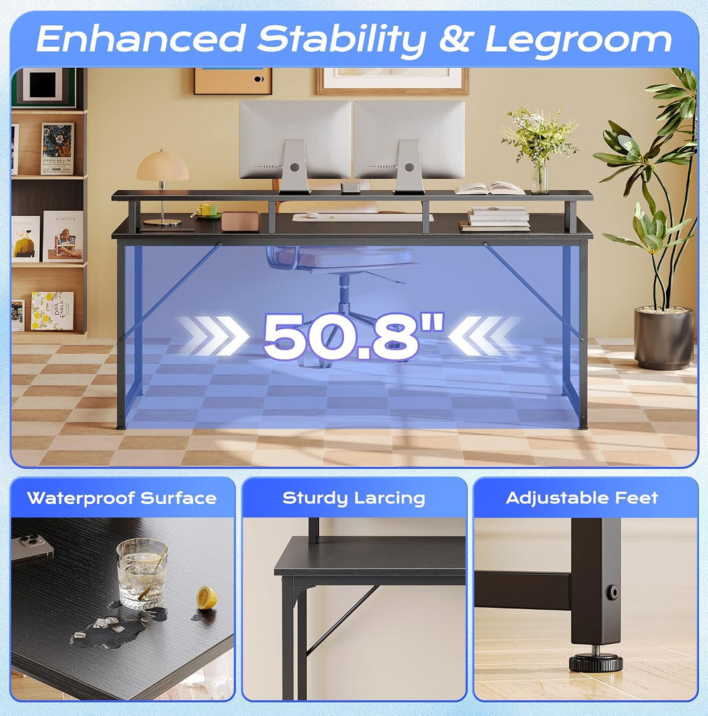 55 inch Gaming Desk, LED & Power Outlets, Monitor Stand, Black | Sturdy PC Desk , Study & Work, LED Lights, 4 AC