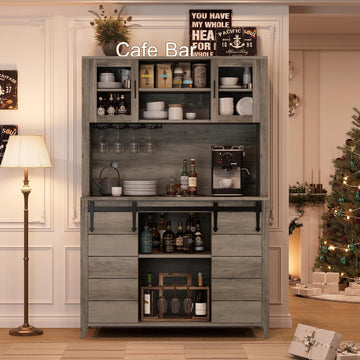70 in Tall Farmhouse Coffee Bar Cabinet, Kitchen Hutch Storage with Sliding Barn Door, Kitchen Buffet with Wine Rack